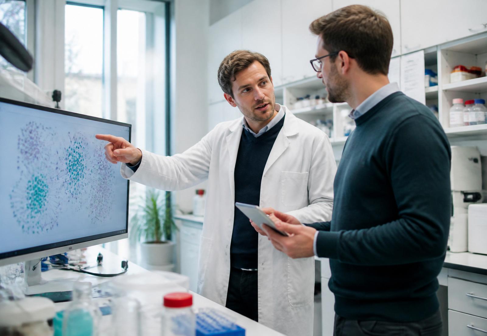 Researchers reviewing molecular data