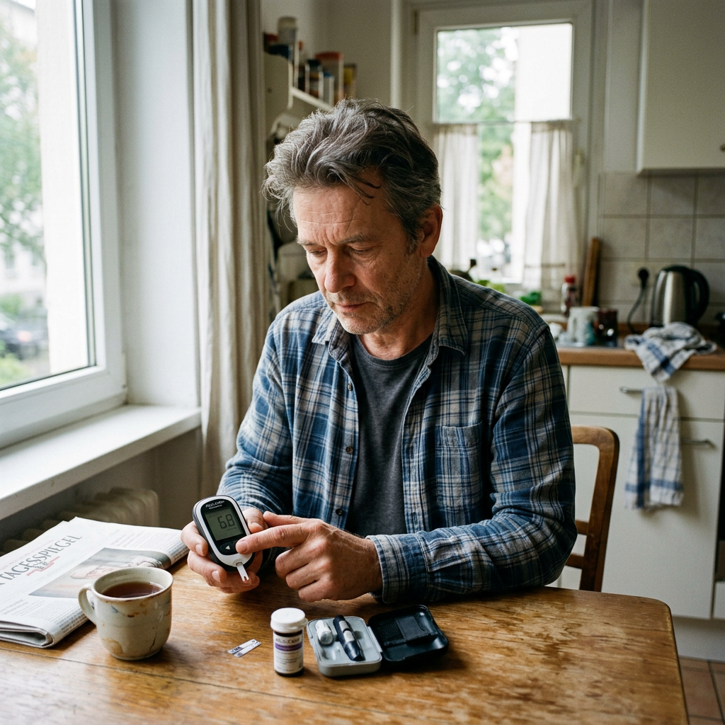 Adult monitoring blood glucose at home
