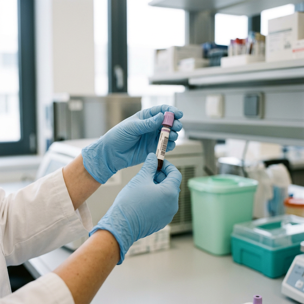 Laboratory professional examining a blood collection tube for molecular analysis